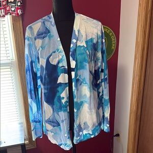 Chico's Blue and White Watercolor Cardigan